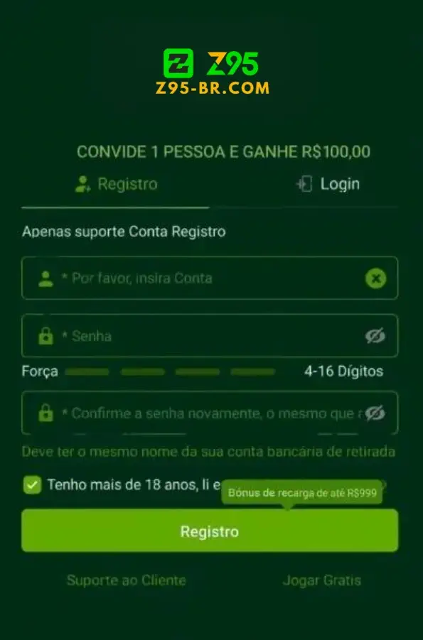 Página de cadastro no Z95 cassino